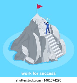 isometric vector image on a blue background, a man in a business suit makes his way up the mountain to achieve goals, to success through work