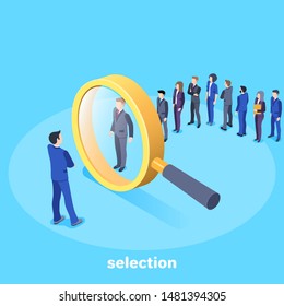isometric vector image on a blue background, a man in a business suit stands in front of a large magnifier and selects candidates for work, search for qualified personnel
