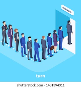 isometric vector image on a blue background, people in business suits are standing in a long line, waiting for work