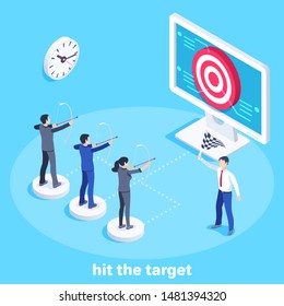 isometric vector image on a blue background, people in business suits shoot a target on a computer screen, team work to achieve a common goal