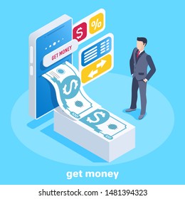 isometric vector image on a blue background, a man in a business suit is standing near the smartphone and out of it comes a banknote, a mobile bank and receiving money