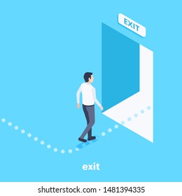 isometric vector image on a blue background, a man follows the indicated path to the exit through an open door, an escape route
