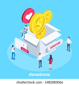 isometric vector image on a blue background, men in business suits are standing near a large box into which money and likes fall, charity donations and sponsorship