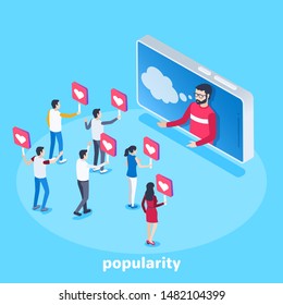 isometric vector image on a blue background, a man in a smartphone and his followers with likes, high popularity in social networks