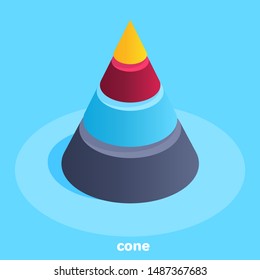 isometric vector image on a blue background, a pyramid in the form of a cone is divided proportionally into several parts, analytics in business and work with diagrams