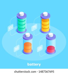 isometric vector image on a blue background, a set of batteries icons with different charges