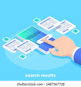 isometric vector image on a blue background, the hand of a man in a business suit clicks on the search button in a smartphone, search results