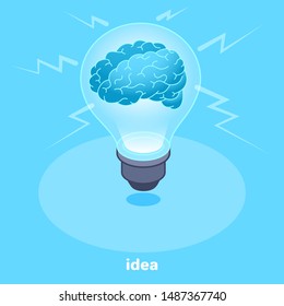 isometric vector image on a blue background, the brain inside the light bulb, the generator of ideas