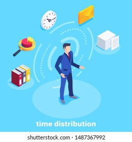 isometric vector image on a blue background, a man in a business suit and business icons around him, distribution of working time