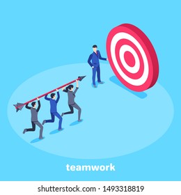 isometric vector image on a blue background, people in a business suit with an arrow run to the goal, teamwork to achieve success