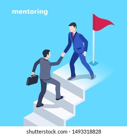 isometric vector image on a blue background, a man in a business suit helps another person reach the goal in the form of a flag at the top of the steps, mentoring in business