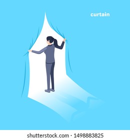 Isometric vector image on a blue background. A woman in a business suit opens the curtain. Behind is a bright white light.