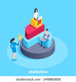 isometric vector image on a blue background, a man and a woman on a pie chart in the form of a pyramid, working with financial data and statistics