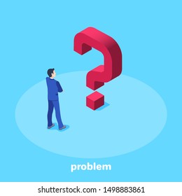 isometric vector image on a blue background, a man in a business suit faces a big red question mark, solution to a problem or task