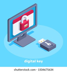 isometric vector image on a blue background, a monitor with a lock on the screen and a flash drive key, digital information protection