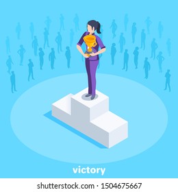 isometric vector image on a blue background, a woman in a business suit stands on a pedestal with a cup, success and victory