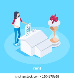 isometric vector image on a blue background, a girl with money and a house, a pledge or rental house