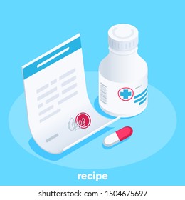 isometric vector image on a blue background, prescription and bottle with pills, medical drugs in a pharmacy