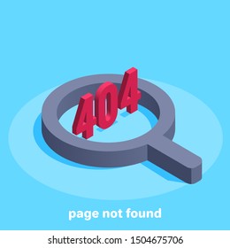 isometric vector image on a blue background, magnifier and numbers 404, search error on the page