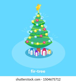 Isometric vector image on a blue background, decorated with toys and garlands a Christmas tree with a star and gifts on the floor, Happy New Year greetings.
