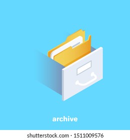 isometric vector image on a blue background, business concept, folder with documents in a sliding archive shelf