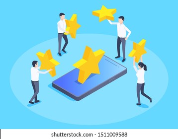 isometric vector image on a blue background, business concept, people carry rating stars to a smartphone with a big star, app and customer rating