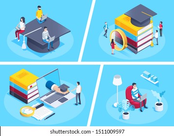 isometric vector image on a blue background, young people look at a stack of multi-colored books at the top of which is a bachelor's hat, college and university, students in the library