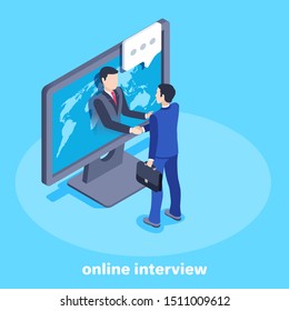 isometric vector image on a blue background, business concept, a man in a business suit shakes hands with another man on a computer screen, online interview