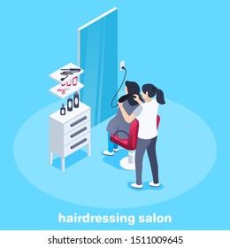 isometric vector image on a blue background, business concept, woman cuts the client at the hairdresser, service and customer service