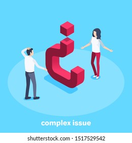 isometric vector image on a blue background, a man and a woman are looking at an inverted question mark, a difficult question or complex issue