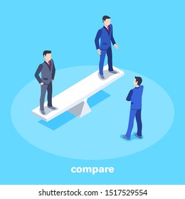 isometric vector image on a blue background, men in business suits are on balance, comparing abilities and skills of employees, choice of personnal