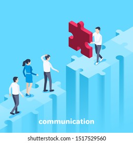 isometric vector image on a blue background, people in business clothes on the bridge from the puzzle, communication and teamwork