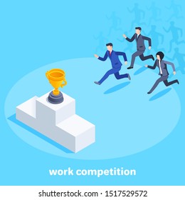isometric vector image on a blue background, men and women in business clothes run to the podium with a cup, business competition and confrontation