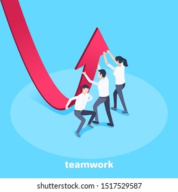 isometric vector image on a blue background, men and a woman in business clothes are changing the direction of the red arrow, teamwork for business success