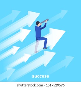 isometric vector image on a blue background, a man in a business suit sits on a flying arrow and looks through a telescope, the path to success