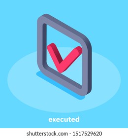 isometric vector image on a blue background, a square icon with a check mark, completed task