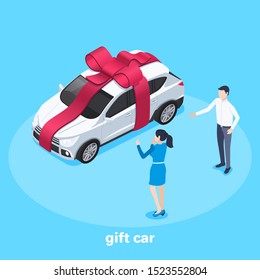 isometric vector image on a blue background, business concept, a man gives a woman a car tied up with a red ribbon with a bow