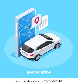 isometric vector image on a blue background, a map of the city on a large smartphone and the location icon to which the car is traveling, GPS navigation and geolocation