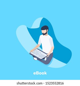 isometric vector image on a blue background, business concept, a man sitting in a lotus position with a tablet, reading an e-book
