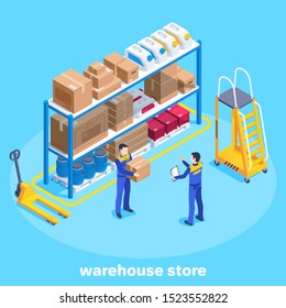 isometric vector image on a blue background, business concept, men in work overalls work in a warehouse, a shelf with boxes and canisters, equipment for transportation of goods