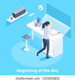 isometric vector image on a blue background, business concept, a girl looks out the window through the blinds standing at the table, the beginning of the day