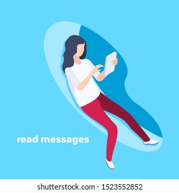 isometric vector image on a blue background, business concept, a girl reads messages on a smartphone screen while sitting in an abstract shape