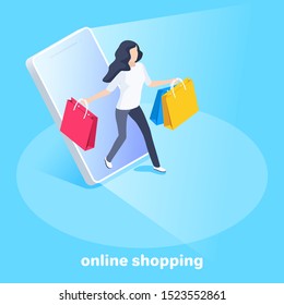 isometric vector image on a blue background, business concept, woman with shopping bags comes out of the smartphone screen, online store and shopping