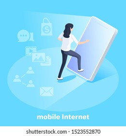 isometric vector image on a blue background, business concept, a girl goes into the screen of a smartphone, mobile internet and using a gadget