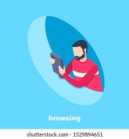 isometric vector image on a blue background, business concept, man reads messages on a smartphone screen while sitting in an abstract shape