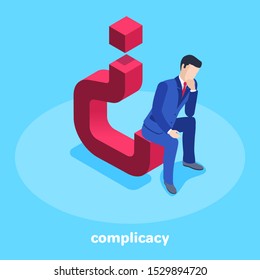 isometric vector image on a blue background, a man in a business suit sits thoughtfully on an inverted question mark, complicacy