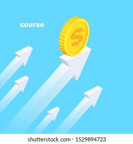 isometric vector image on a blue background, gold coin on upward arrow, exchange rate and course