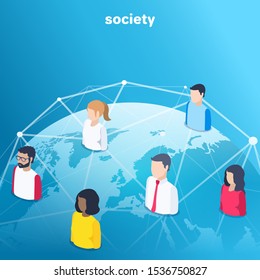 isometric vector image on a blue background, people icons connected by lines over the globe, social network