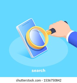 isometric vector image on a blue background, the hand of a man in a business suit holds a magnifier in front of a smartphone screen, searching for applications or data