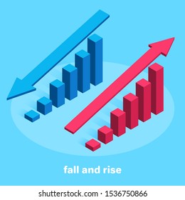 Isometric Vector Image On A Blue Background, Up And Down Arrows Above Chart Columns, Financial Statistics